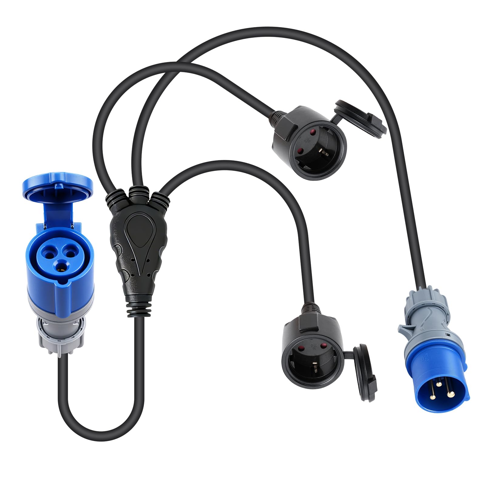 Cable Adaptador Enchufe con 2 Schuko y 1 cee 16 A, 250 V, 150cm Cable de Extensión - IP44 H07RN-F3G 1.5 mm² - Adaptador Cable de Goma Intemperie para exterior caravanas y acampadas Accesorios