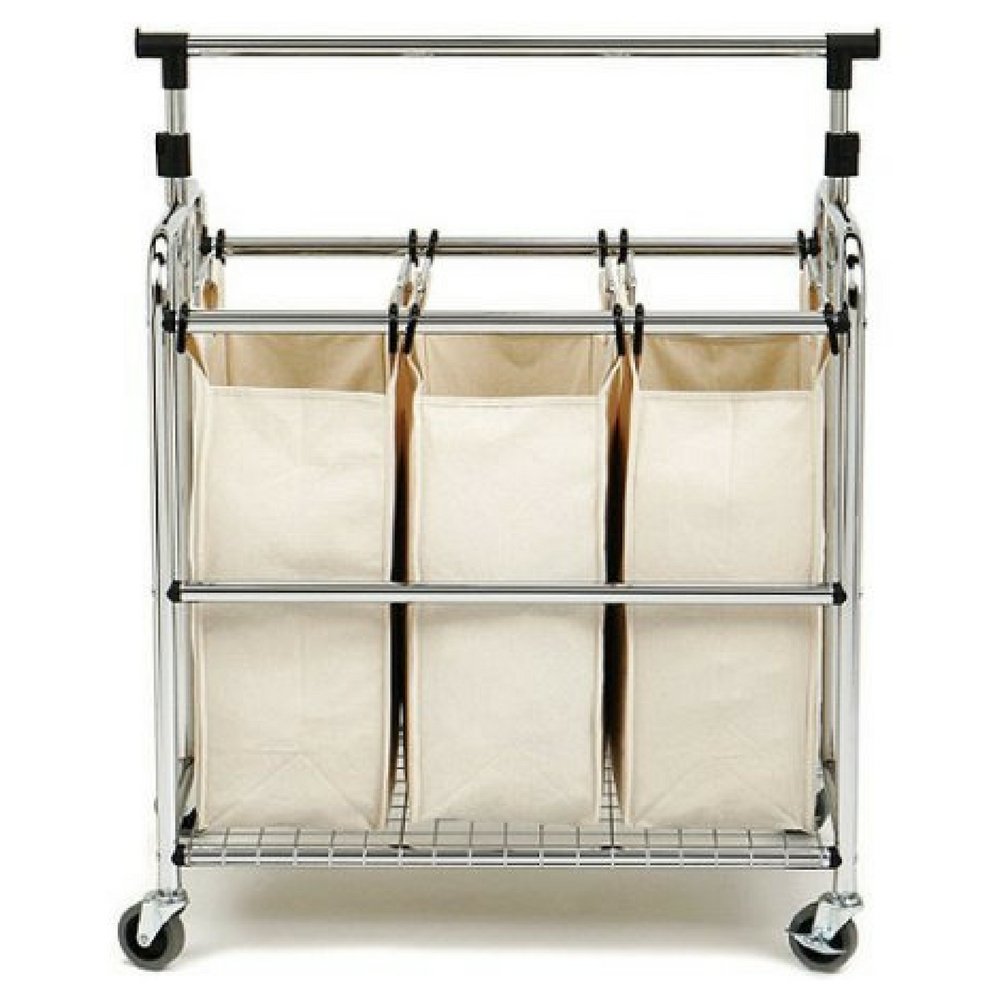 Seville Classics 3-Bag Laundry Hamper Sorter Cart with Clothes Rack