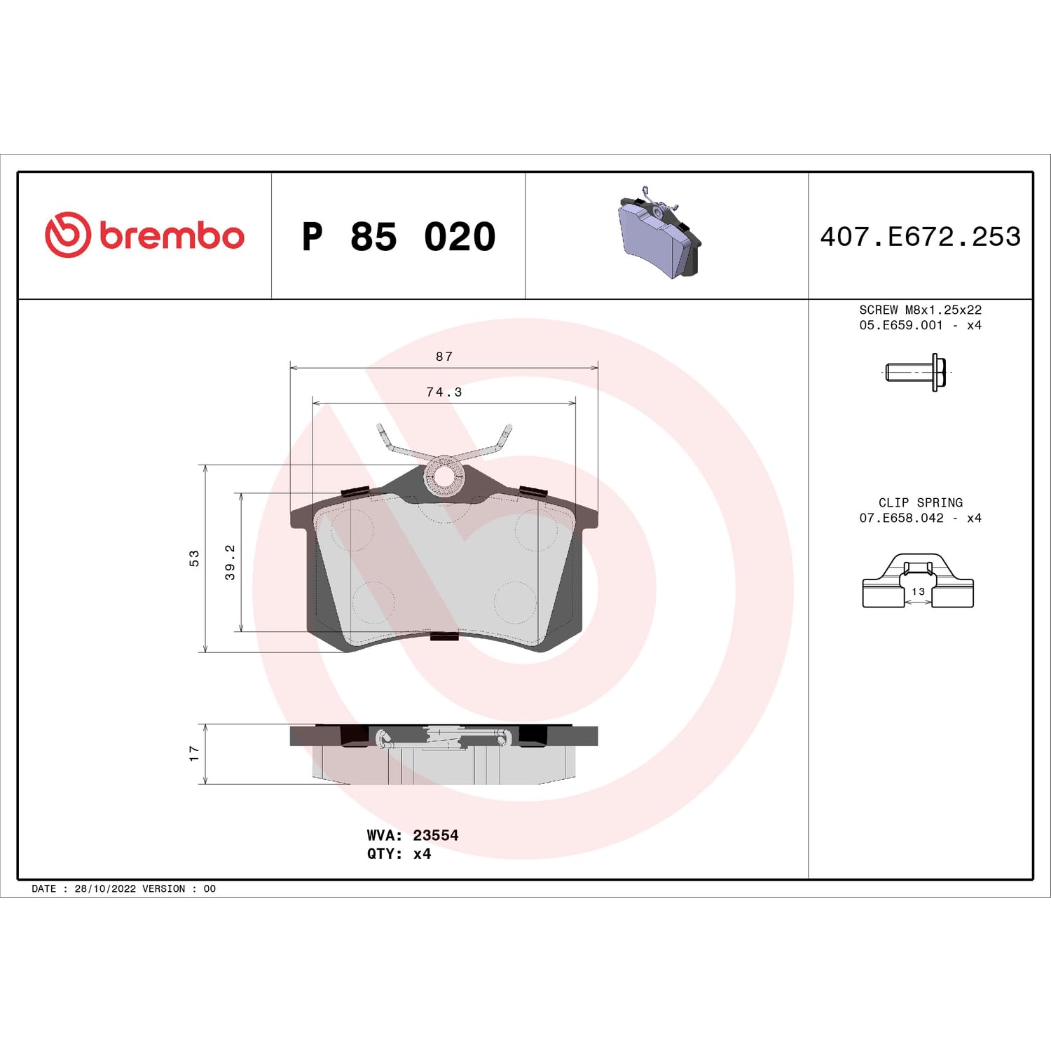 Brembo P 85 020 - Pastiglia Freno - Anteriore e Posteriore