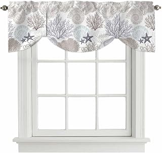 Tie Up Valance for Windows Nautical Coastal Ocean Coral Curtains Valances Rod Pocket Valance Window Treatments Beach Themed Grey Balloon Curtains for Kitchen Living Room Bedroom Bathroom 54x18