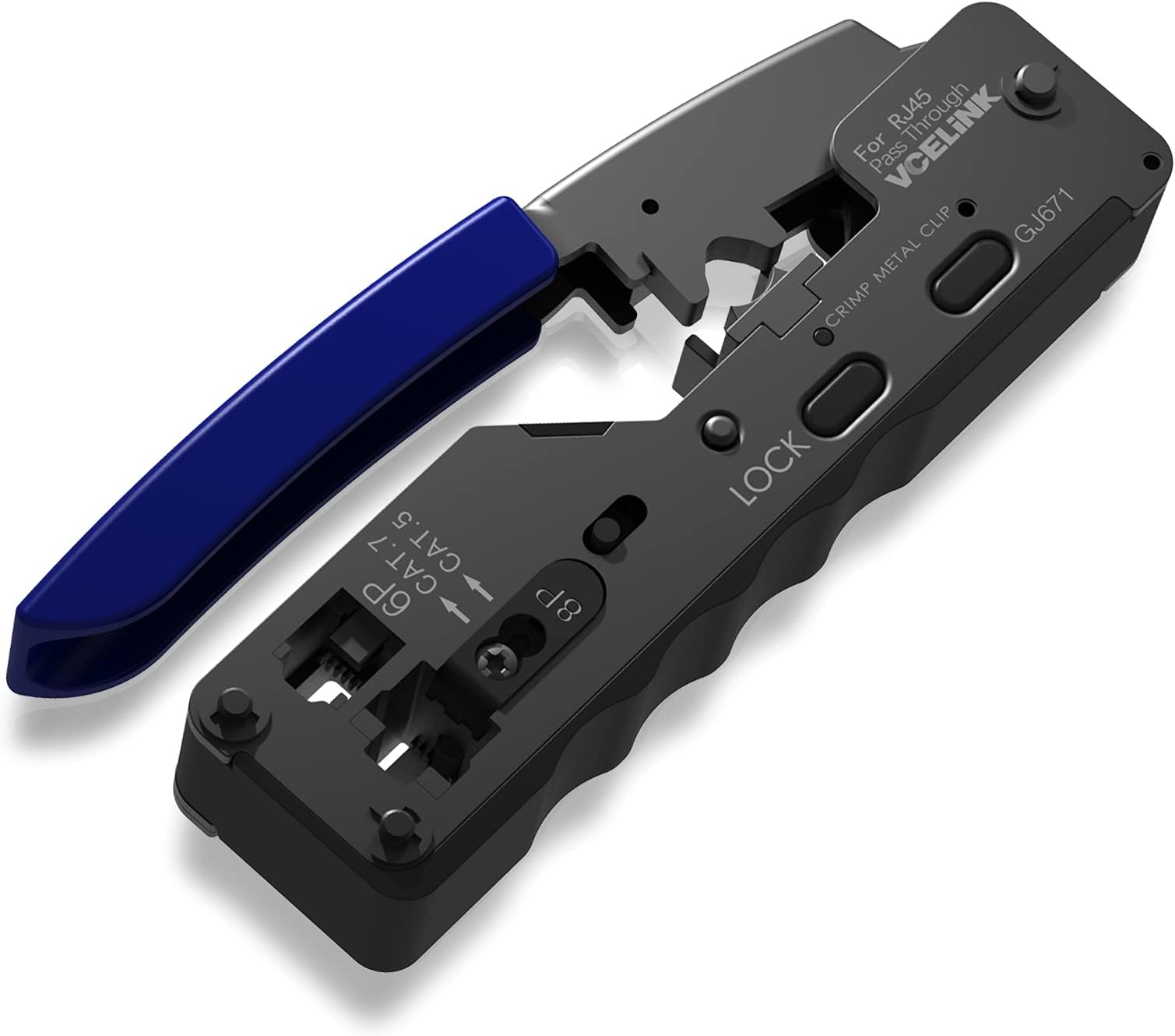 VCELINK GJ671BL RJ45 Crimp Tool, Pass Through Ethernet Crimping Tool for Cat5 Cat6 Cat7 End Pass-Thru Connector & RJ11 RJ12 Telephone Plug