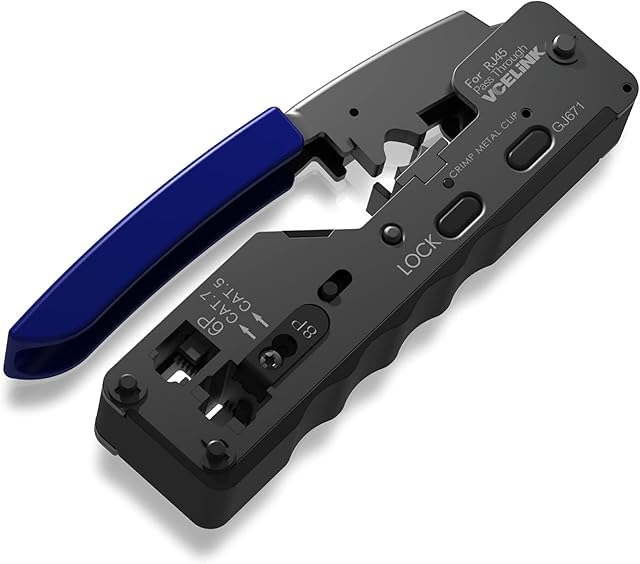 VCELINK GJ671BL RJ45 Crimp Tool, Pass Through Ethernet Crimping Tool for Cat5 Cat6 Cat7 End Pass-Thru Connector & RJ11 RJ12 Telephone Plug Black/Blue