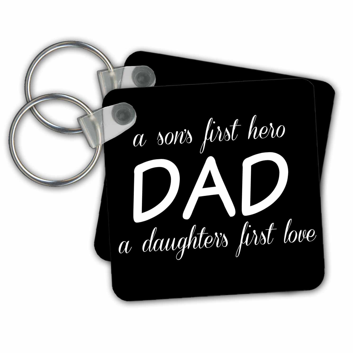 3dRose Dad, A Sons First Hero A Daughters First Love, White Lettering Keyring, 6 cm;, Varies