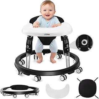 Baby Walker with Wheels, One-Touch Folding Baby Walkers with Height Adjustment, Large Dinner Plate and Brake, Walker for Baby Boy Girls 6-18 Months, Black