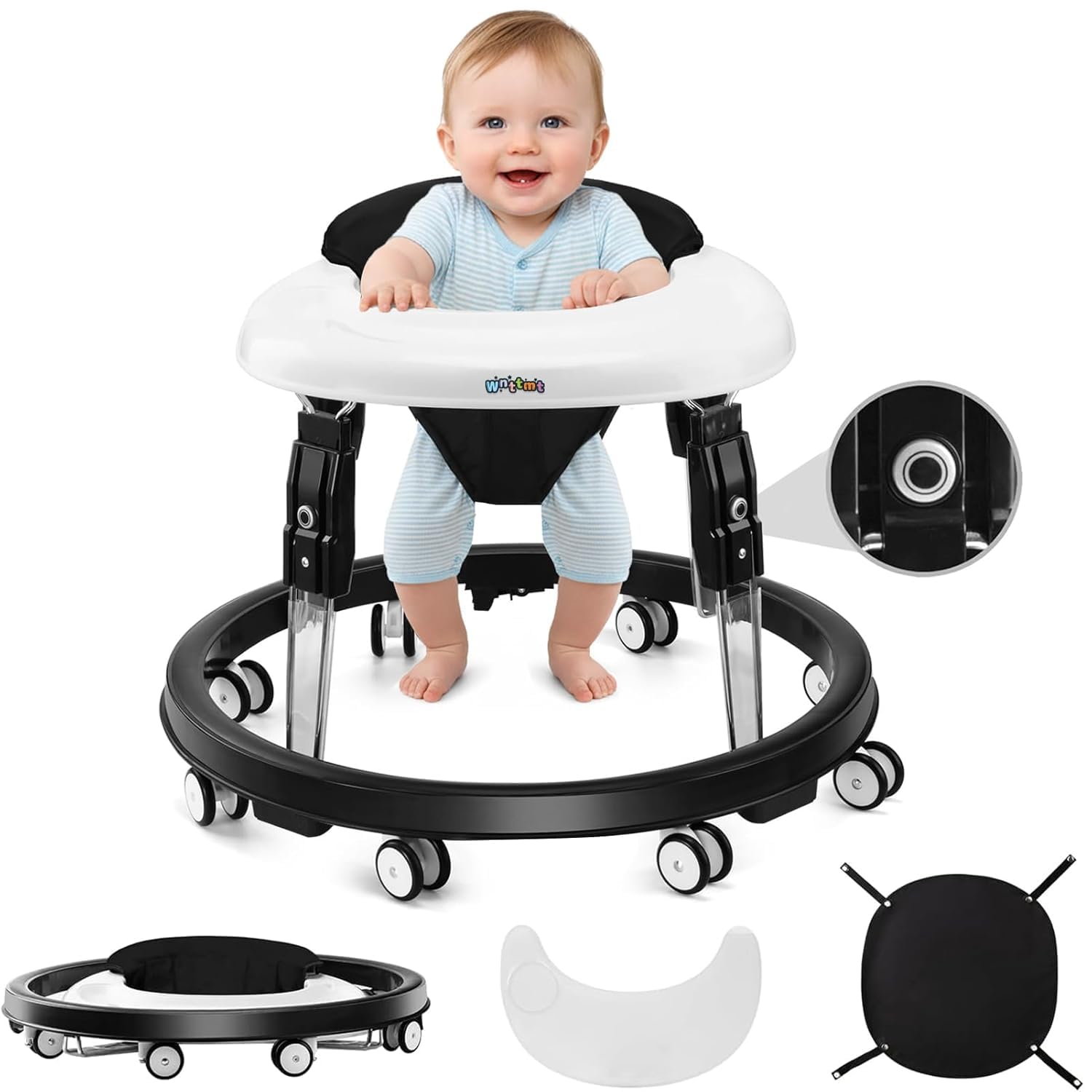 Baby Walker with Wheels, One-Touch Folding Baby Walkers with Height Adjustment, Large Dinner Plate and Brake, Walker for Baby Boy Girls 6-18 Months, Black