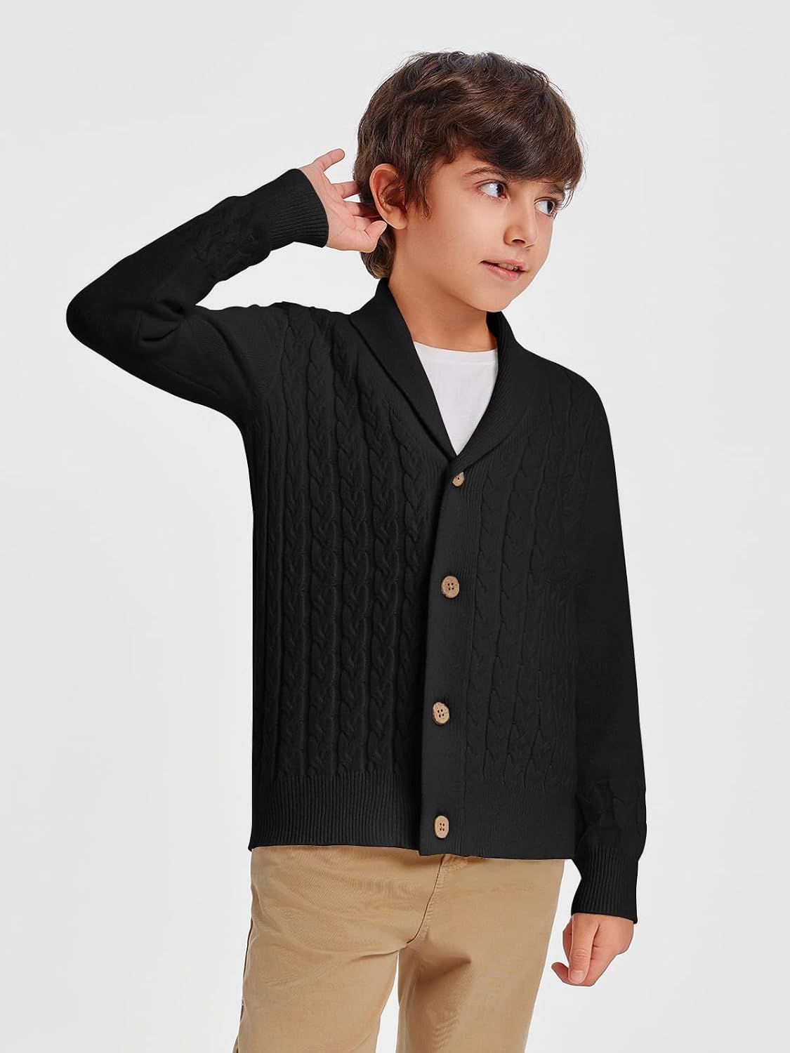 Haloumoning Boys Shawl Collar Cardigan Sweater Kids Long Sleeve Cable Knitted Outwear Sweater 4-14 Years