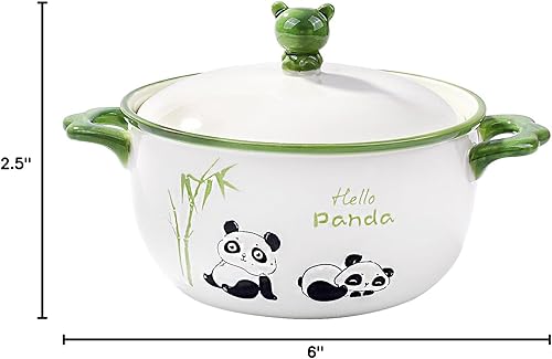 Miniatura 8 de Cuenco de cerámica de estilo japonés de 6 pulgadas con tapa, bonito diseño de panda y bambú, apto para microondas y lavavajillas, para sopa, fideos,
