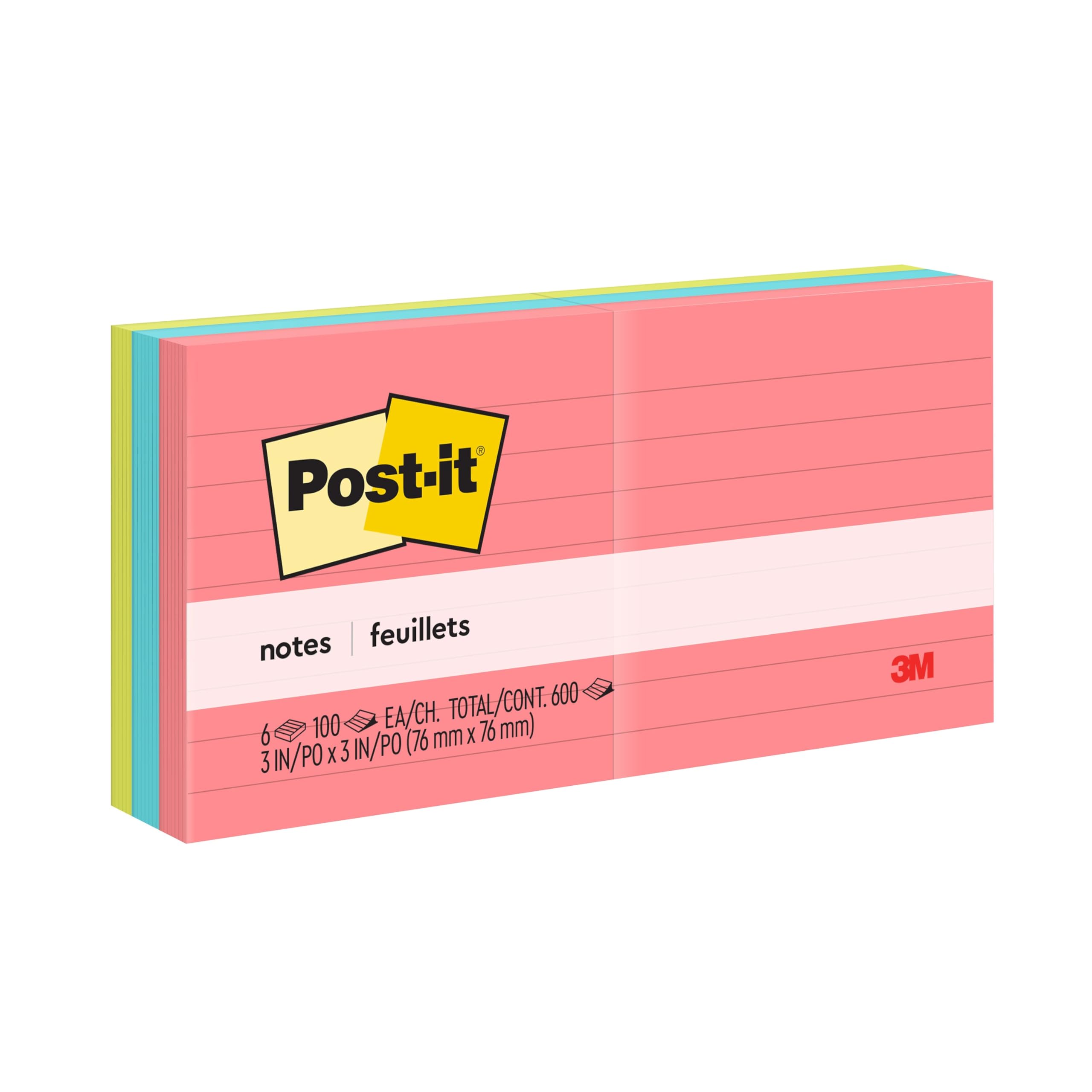 Notes, 3x3 in, 6 Pads, America's #1 Favorite Sticky Notes, Poptimistic Collection, Bright Colors (Magenta, Pink, Blue, Green), Clean Removal, Recyclable (630-6AN)