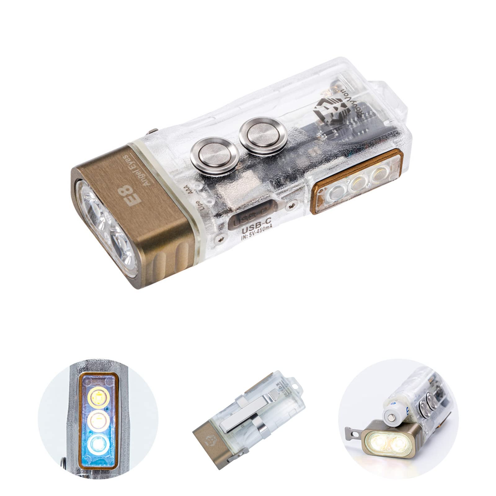 RovyVonE8 Hybrid Battery EDC Flashlight, Max 500 Lumen with 4000K Warm White,95 CRI USB-C Rechargeable Keychain, Momentary On, Lock Mode,Power by Built-in Li-po/Replaceable AAA(365nm/White)