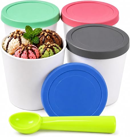 4 Pack Ice Cream Containers with Lids, 1 Quart Reusable Freezer Storage Cups with Scoop