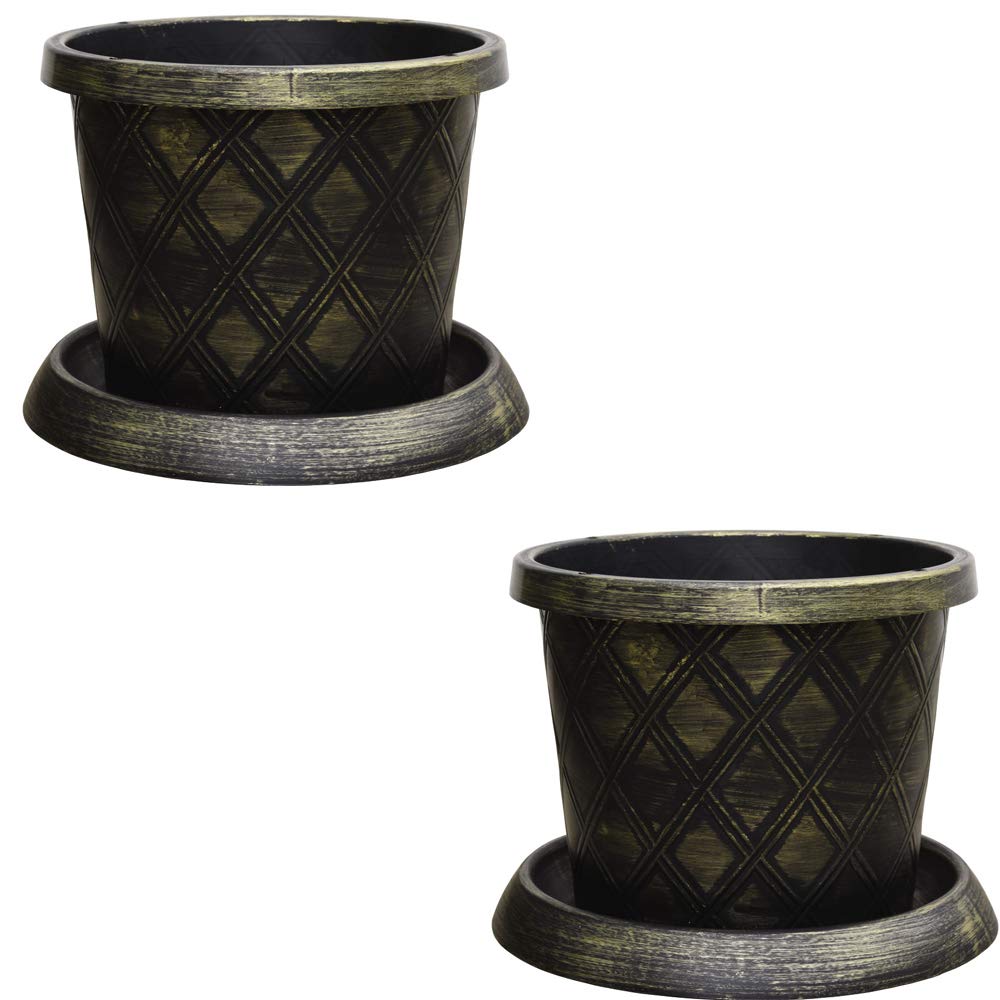 Stylish Garden Large Patio Pot & Saucer Stunning black and gold lattice effect Ideal for planting flower plugs shrub and vegetables 2 x 39cm Pots and Saucers by Thompson and Morgan