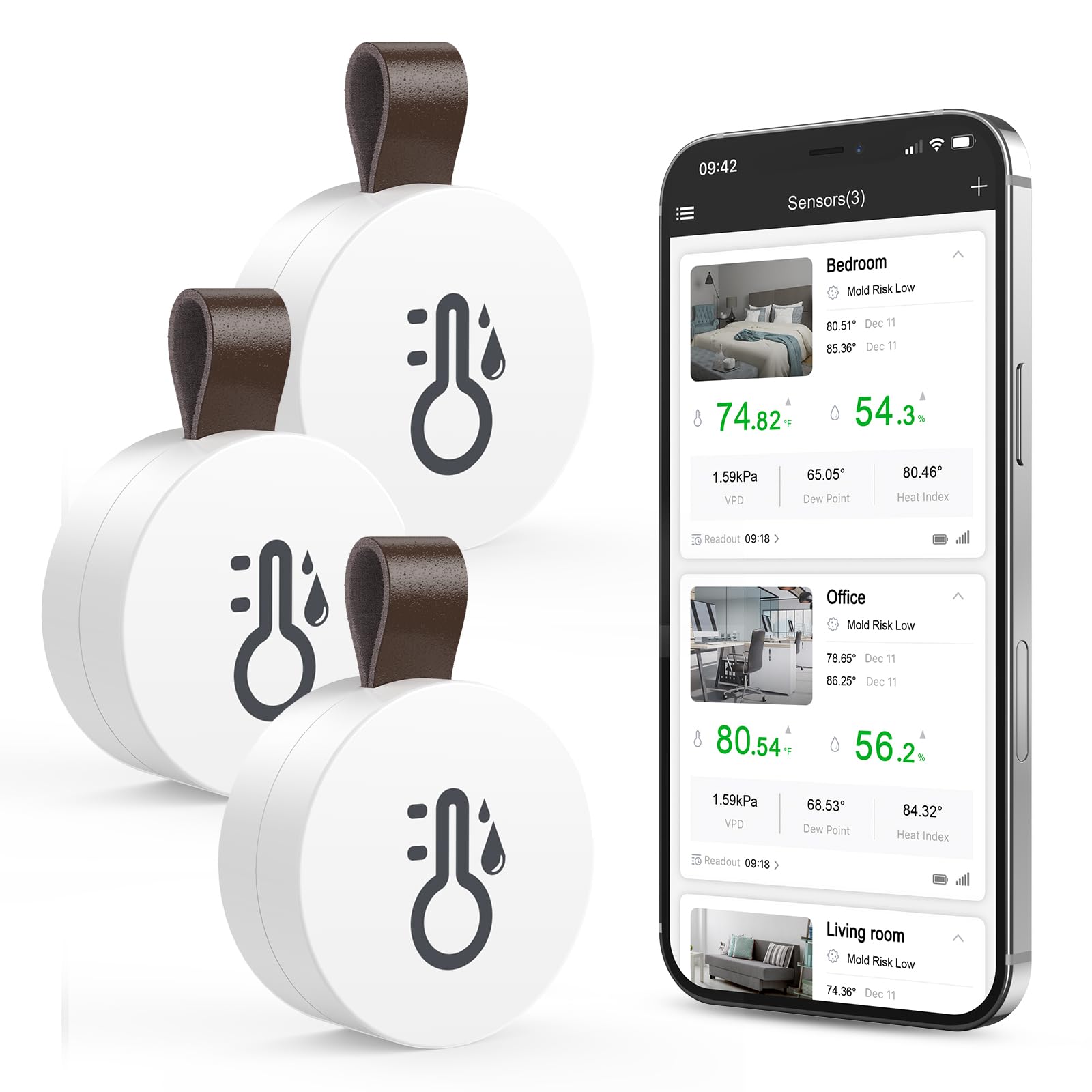 ORIA Bluetooth Thermometer Hygrometer, 3 Stk. Mini Innen Temperatur- Feuchtigkeitssensor mit APP, Daten Export, kompatibel mit iOS/Android, für Wohnzimmer, Babyzimmer, Haus