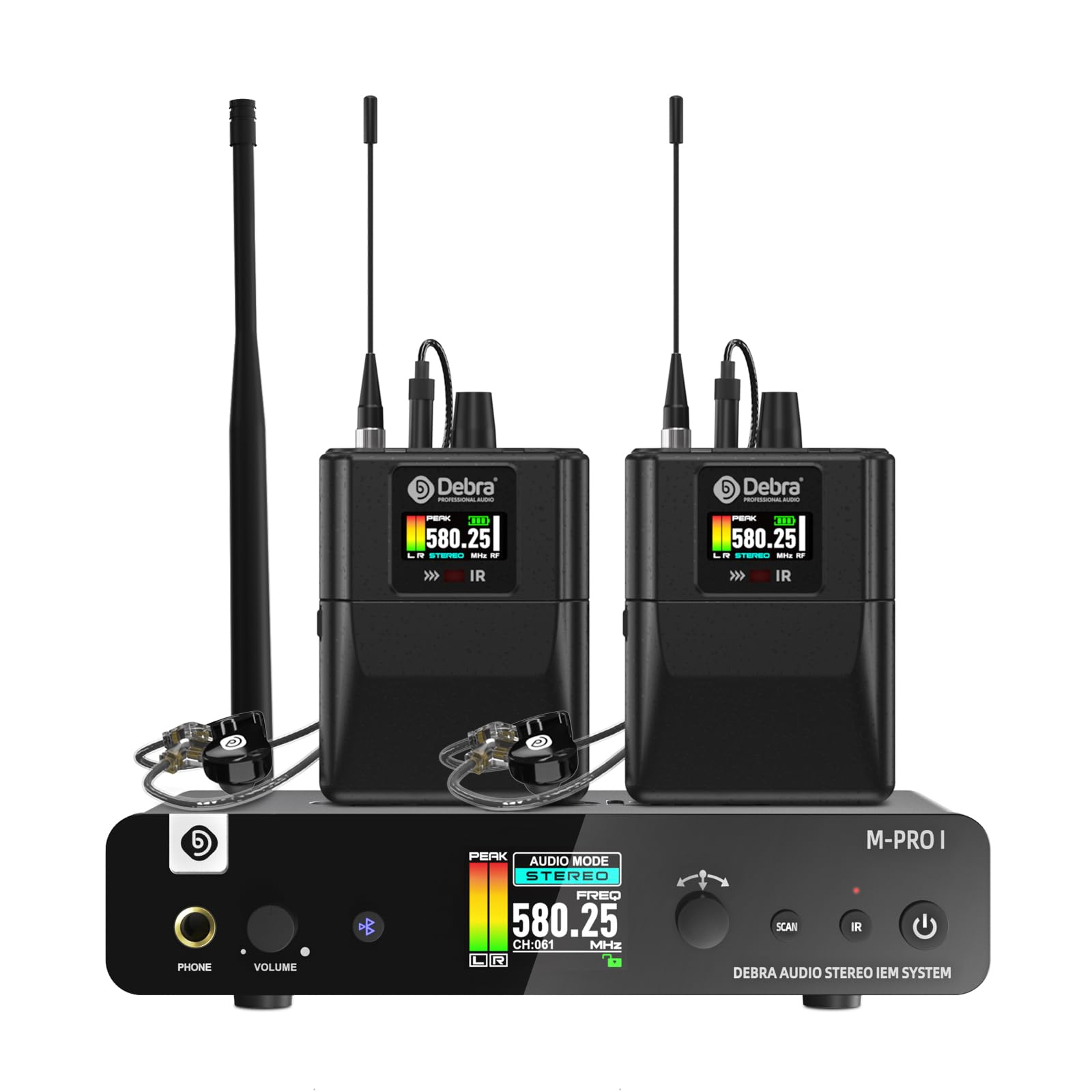 Debra M-PROI Wireless in-Ear Monitor System with Auto Frequency Scan, Stereo/Mono Mode, 80m Range, Bluetooth, and IR Sync for Stage, Studio, Live Performance (Single Channel, 2 Bodypack)