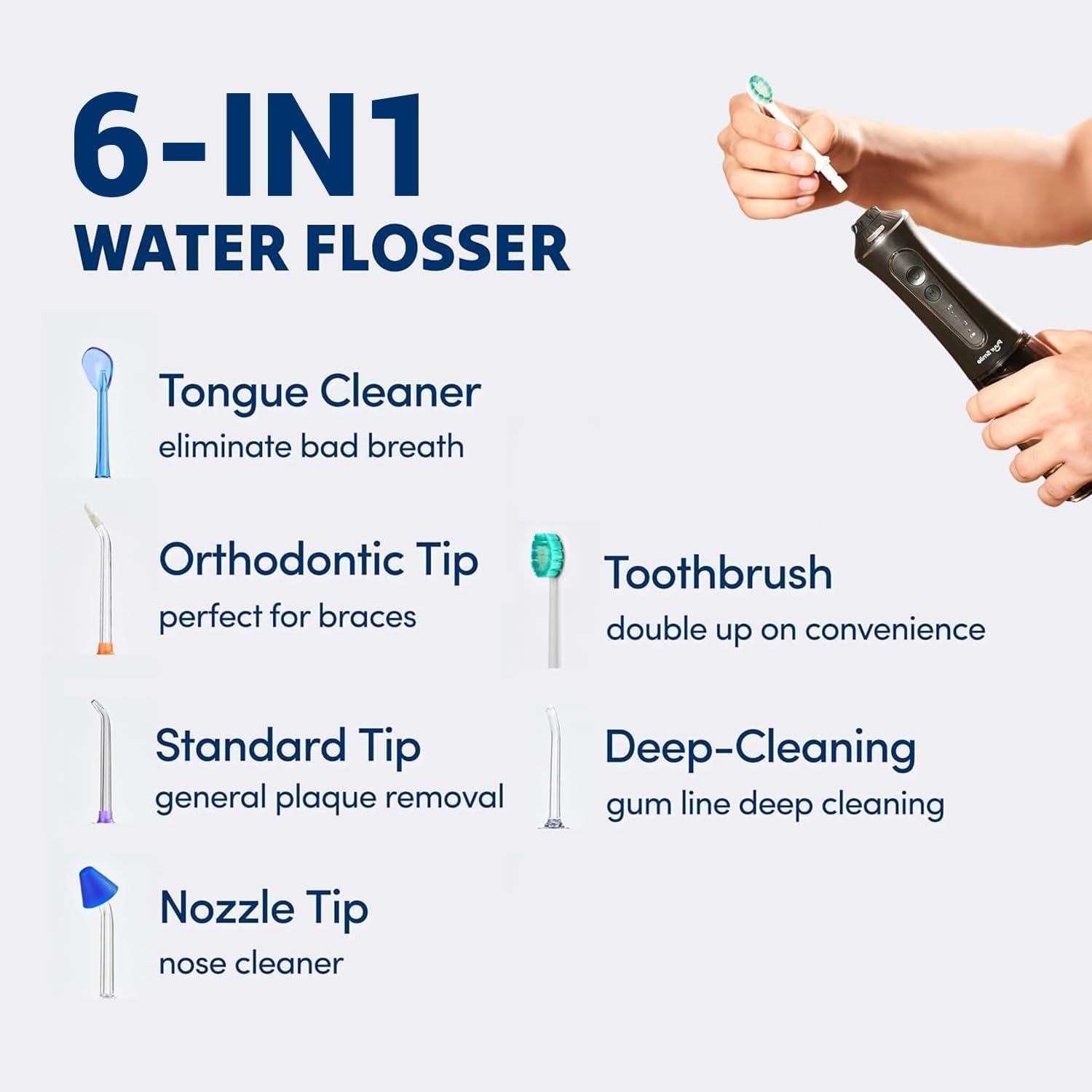 Igiene orale professionale – Cura dentale avanzata per una bocca, gengive e denti più sani – Irrigatore orale impermeabile IPX7 | 6 punte di ricambio, adatto ai viaggi, ricaricabile, igiene orale