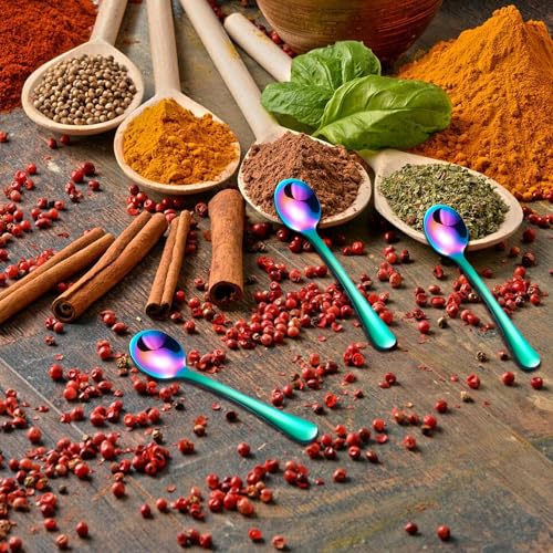 GlamRays 8 Stück Tiny Edelstahl Löffel für Gewürzgläser, Mini Größe 7,5CM, Cute Small Edelstahl Gewürz Löffel für Gewürze, Salz, Fun Little Scoops(Bunt)