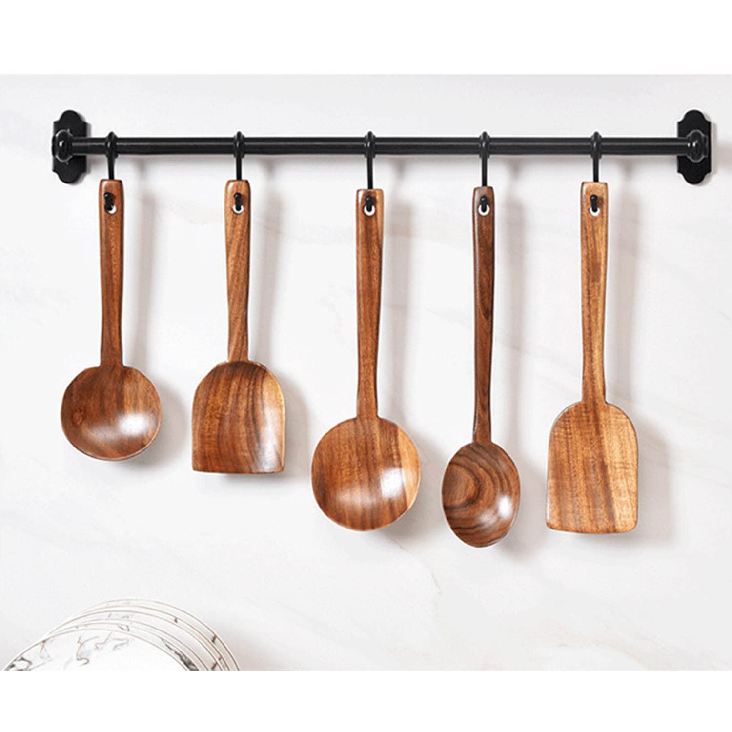 Cuchara de Café de Teca Natural Cuchara Agitadora de Mango Largo Espátula de Cocina Juegos de Utensilios de Cocina de Madera Ecológicos Antiadherentes, Paquete de 6