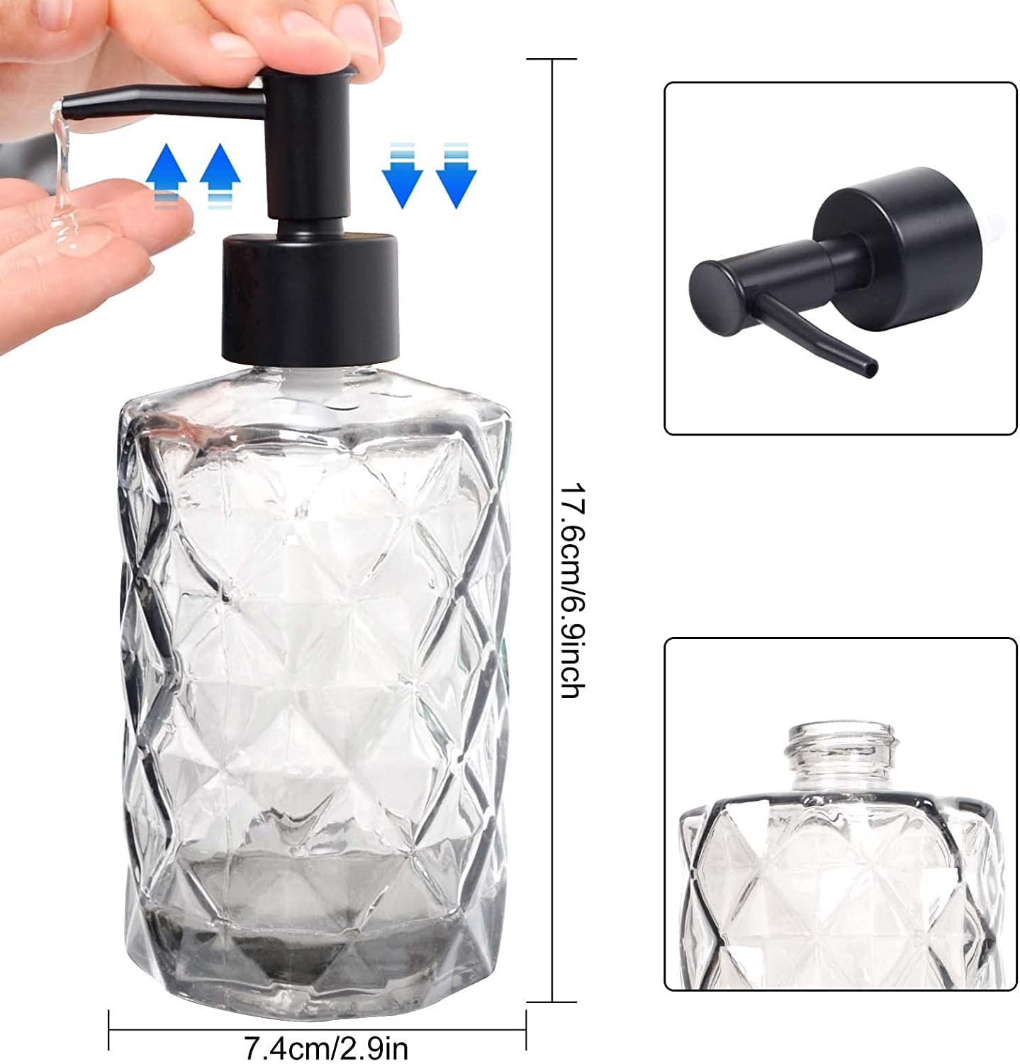 AVFORA Seifenspender, 2 Stück, Glas-Seifenspender-Flasche mit Pumpe, 330 ml/12 Unzen, nachfüllbare Handseifenspender-Flasche mit 14 Etiketten for Waschbecken, Küche, Badezimmer, Waschküche