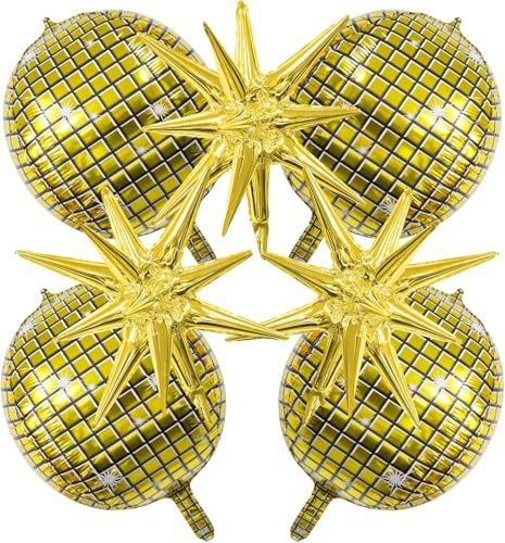 Image of 7Pcs 22Inch Golden Disco Ball Balloons - 4D Large Foil Balloons with Metallic Star for 70s Disco Dance Birthday Party