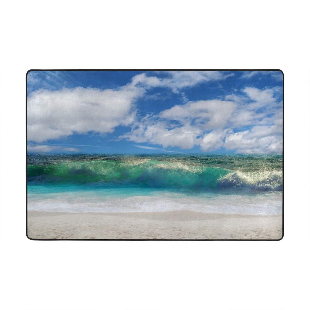 Grand tapis de plage bleu en velours corail Ruchen pour un salon élégant au décor de vagues