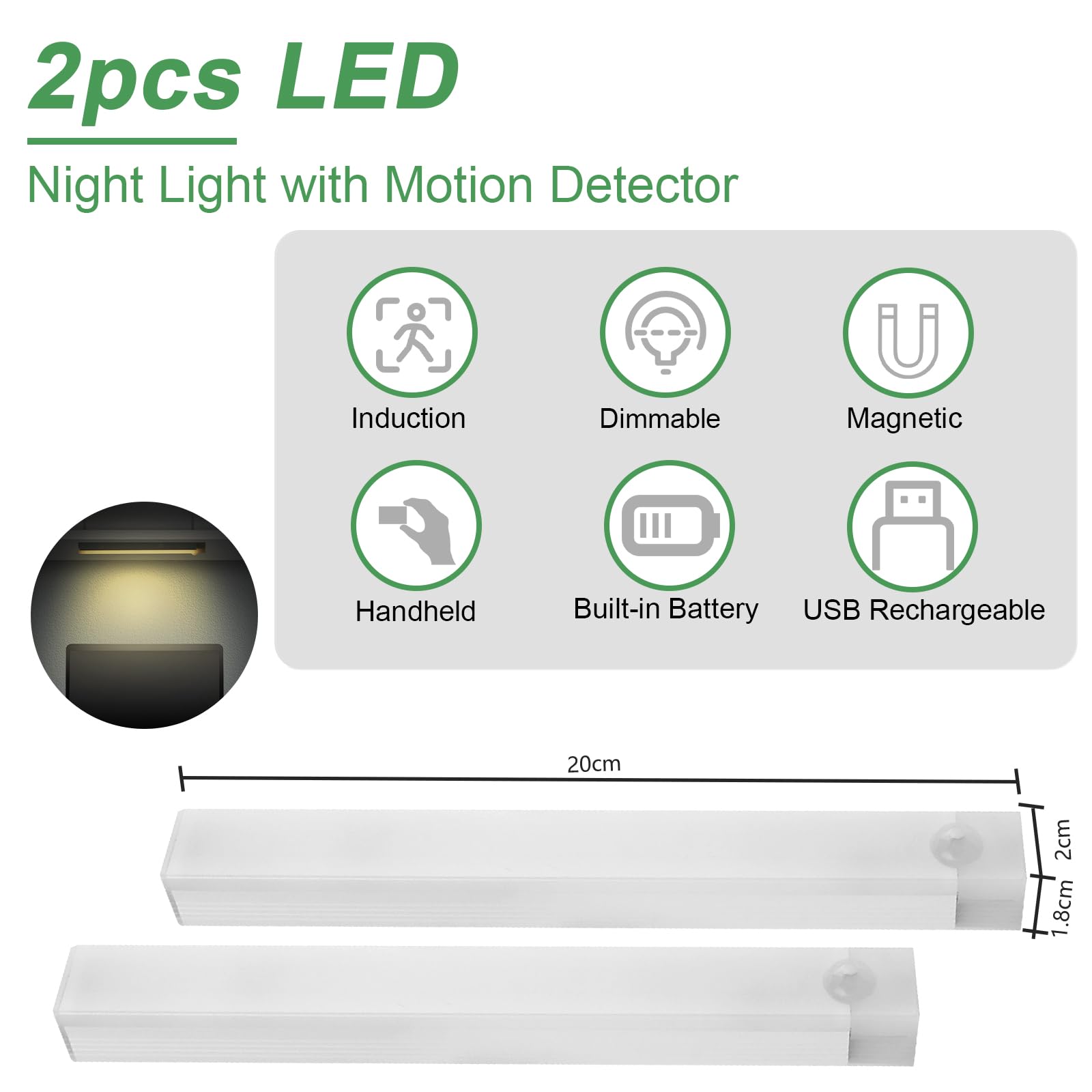 2 Luci LED Per Armadio Con Sensore - Ricaricabili USB-C, Dimmerabili, 3 Colori