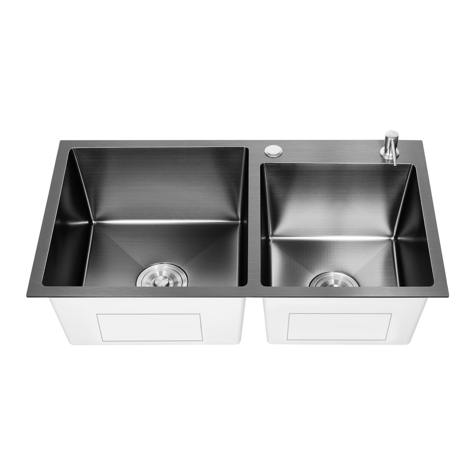 Lavello da cucina doppio in acciaio inox, 2 vasche da incasso, con scolapiatti e dispenser di sapone, colore: nero, 78 x 43 x 22 cm