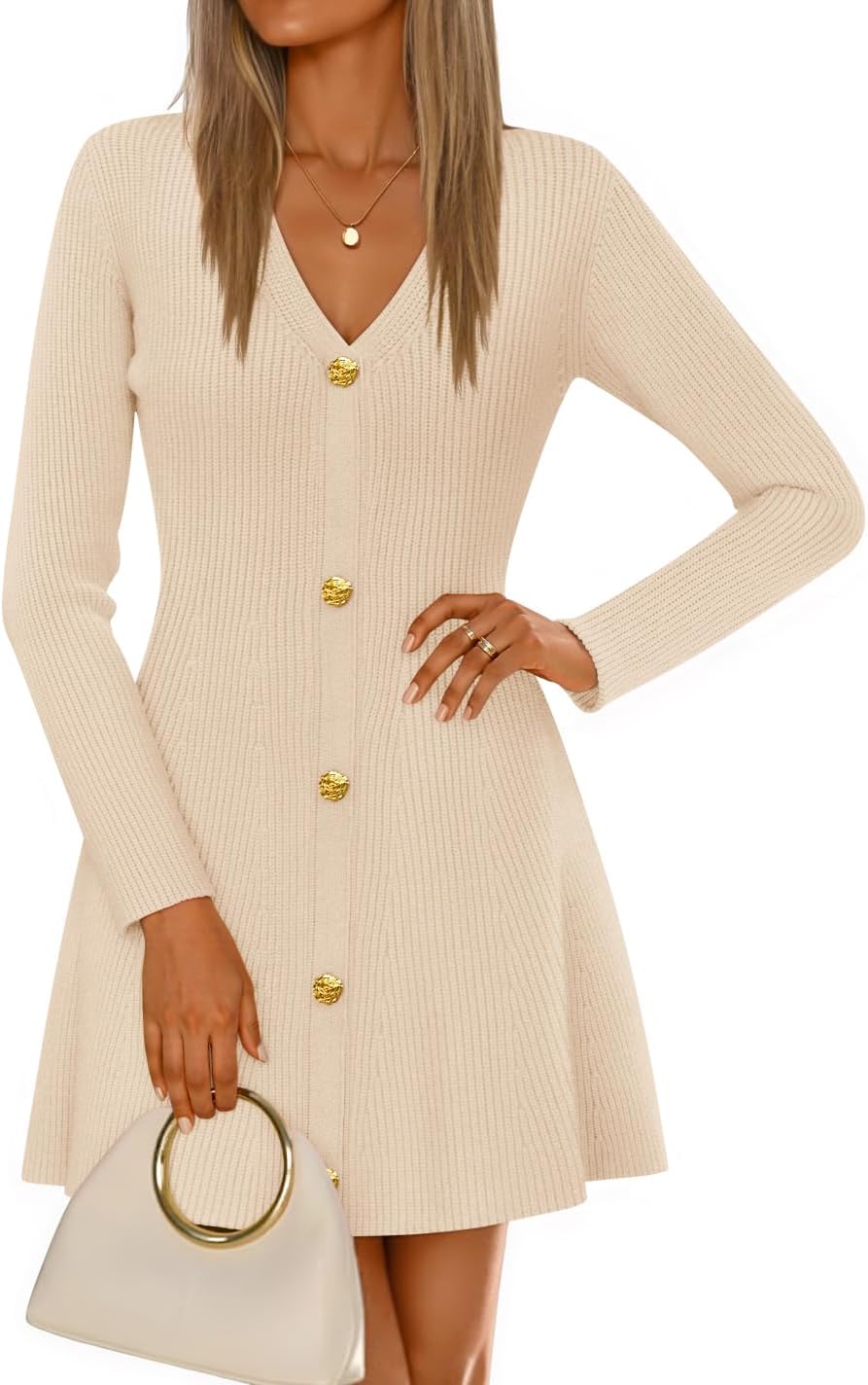 ZESICA Women's Fall Long Sleeve Sweater Dress 2026 Casual V Neck Button Ribbed Knit A Line Swing Mini Dresses