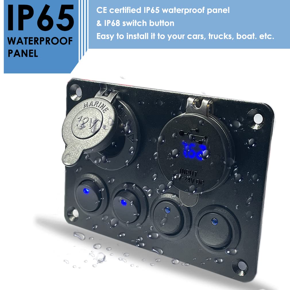 Panel przełącznikowy 12 V/24 V z USB C, ładowarka USB + gniazdo zapalniczki + cyfrowy woltomierz, wodoszczelność IP65, przełącznik dźwigienkowy 15 A, bezpiecznik do samochodu, łodzi, ciężarówki