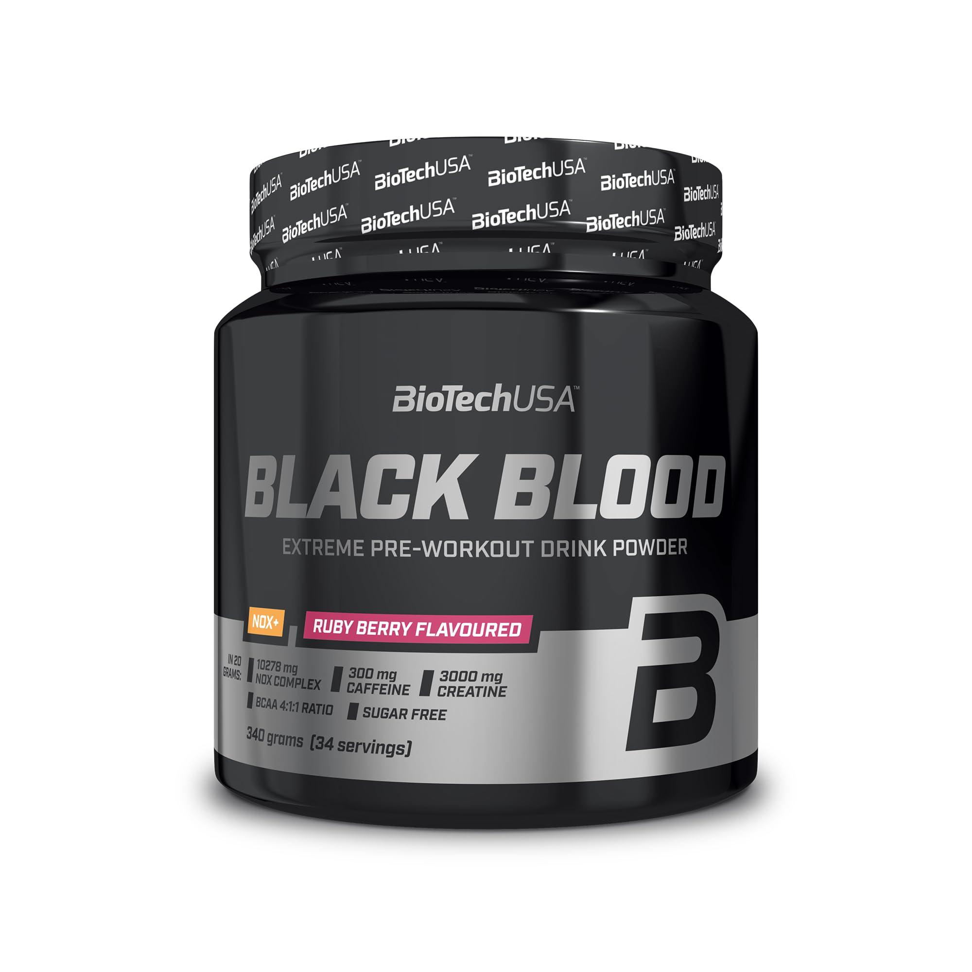 BioTechUSA Black Blood NOX+ | Pré-entraînement avec créatine & caféine | Citrulline, arginine & bêta-alanine | Vitamines B & C pour réduire la fatigue | Sans sucres | 340 g | Ruby berry