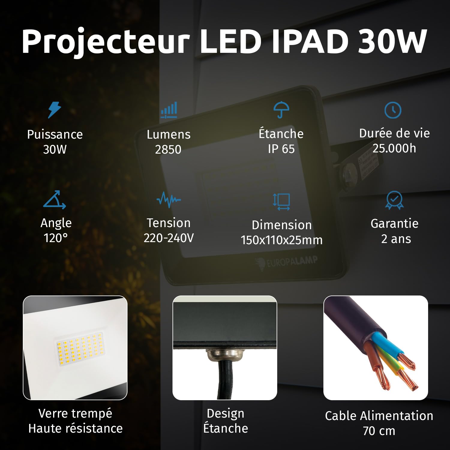 Europalamp Projecteur LED 30W Blanc Illuminez vos Espaces Intérieurs et Extérieurs avec Éclat et Fiabilité (3000K - Blanc chaud, 5)