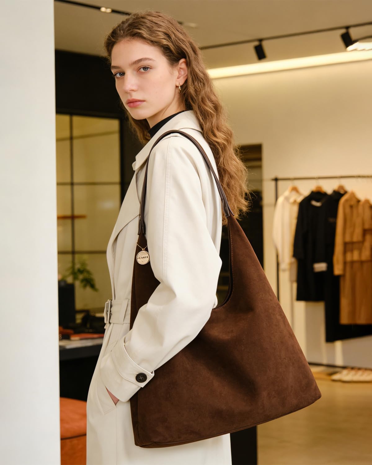 Leopard Suede Tote Bag for Women, Large Brown Slouchy Shoulder Hobo Handbag, Vegan Leather Purse With Zipper for Work - Image 3