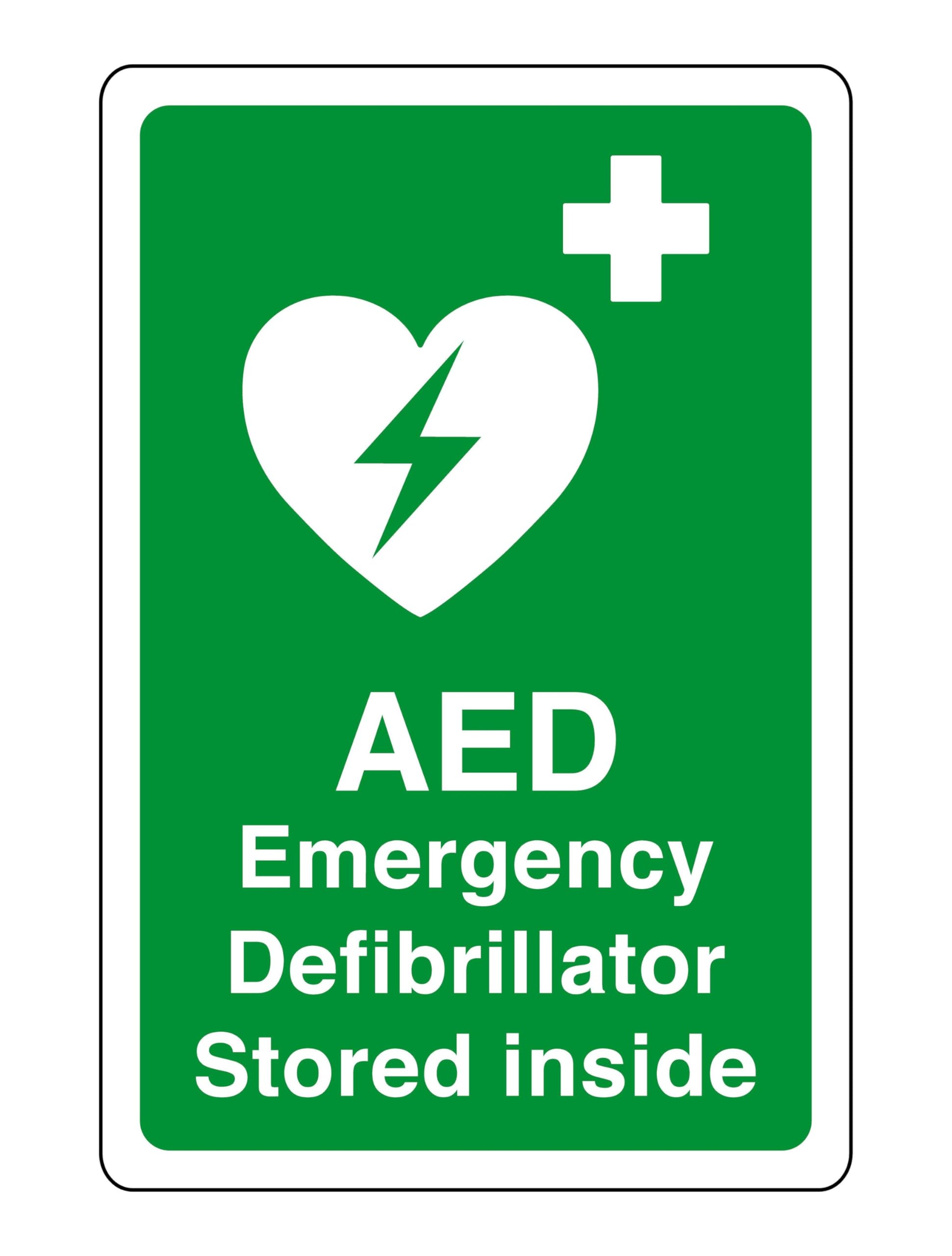 AED Safety sign - Emergency Defibrillator stored inside emergency sign - High tack self-adhesive sticker (600mm x 400mm) Viewing Distance within 20m.