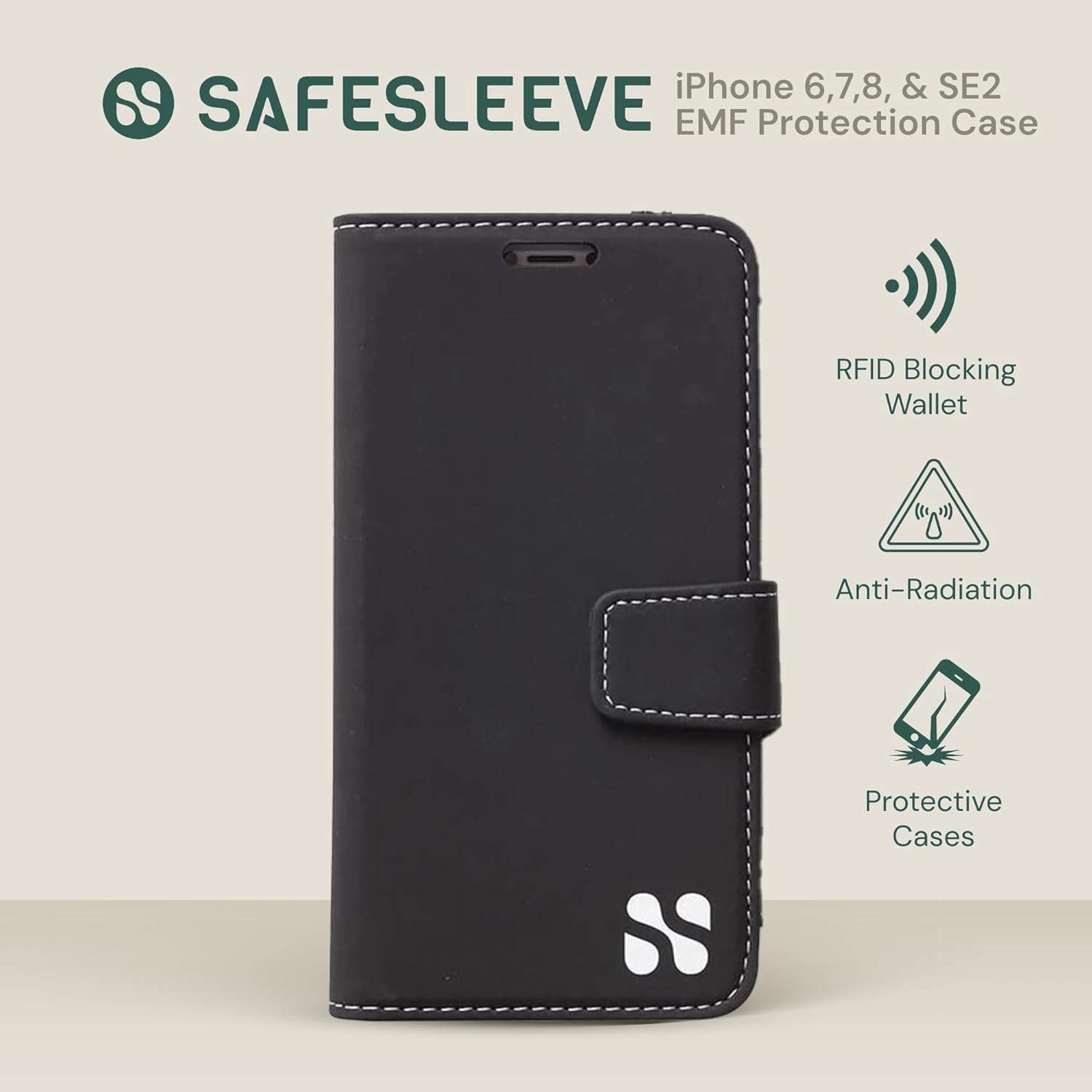 SafeSleeve EMF Protection Anti Radiation iPhone Case: iPhone 8, iPhone 7 and iPhone 6 RFID EMF Blocking Wallet Cell Phone Case (Black)