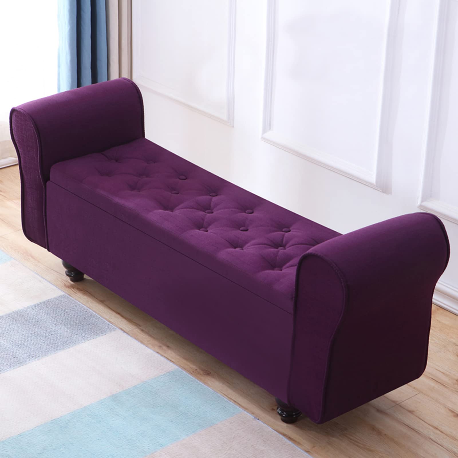 LMMIAOZ Large Capacity Upholstered Storage Ottoman Bench with Wood Legs Purple Linen Foot Stool for Bedroom Living Room 100x40x40cm