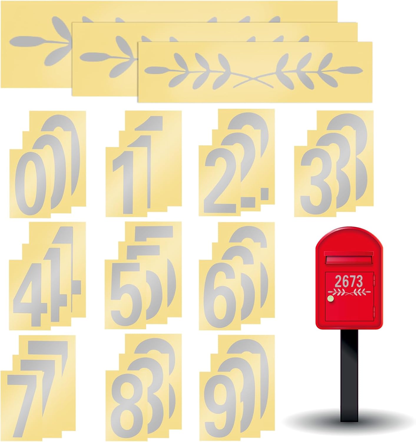 Pack of 30 Adhesive Numbers Weatherproof, 0-9 House Number Stickers in 3 Sizes, Silver Numbers Stickers and 6 Pieces Silver Sheets, for Mailbox, Wheelie Bins, Containers, House Numbers (Silver-White)