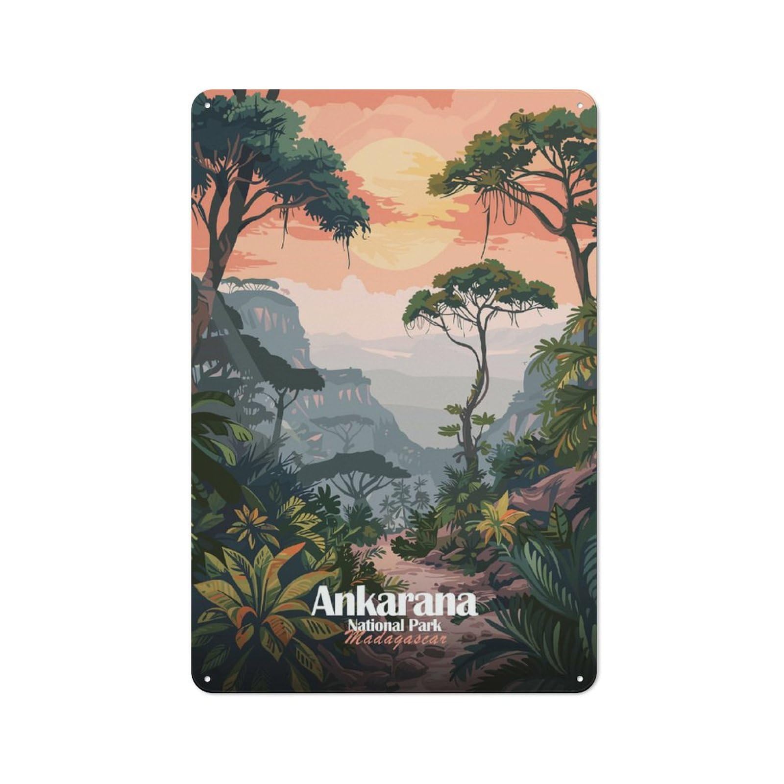 Junmoney Style-13 For Hobby Room Or Studio, Ankarana National Park Madagascar Illustration Retro Metal Wall Sign 30X20cm, For Vintage Wall Decor Fans, For Themed Room Decoration