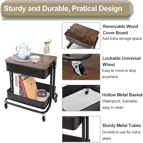 Miniatura 9 de Organizador de almacenamiento de 2 niveles de metal con tabla de cubierta, mesa auxiliar de sofá móvil con ruedas para oficina, hogar, organización