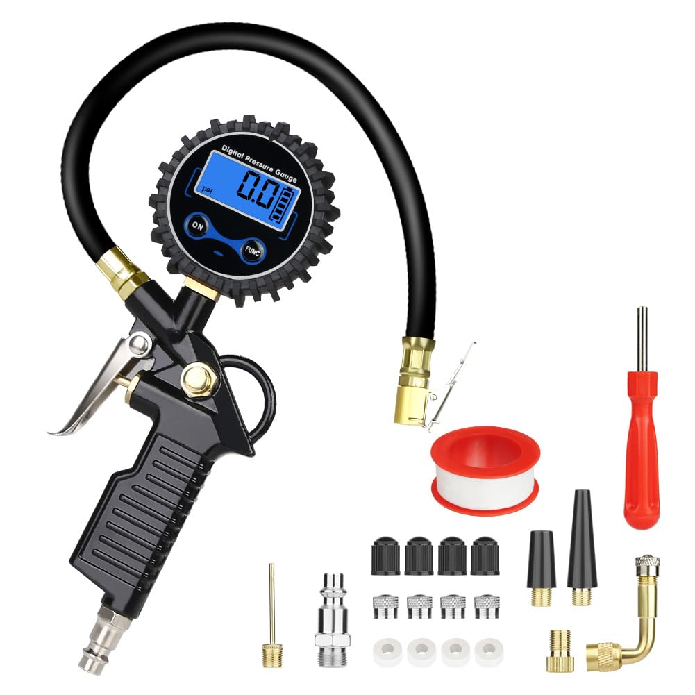 URAQT 3 in 1 Manometro Pressione 220PSI Manometro Digitale Professionale, Manometro per Pneumatici con Display LCD e 20 Accessori, Manometri per Pneumatici per Auto Moto Camion e Biciprofessionale