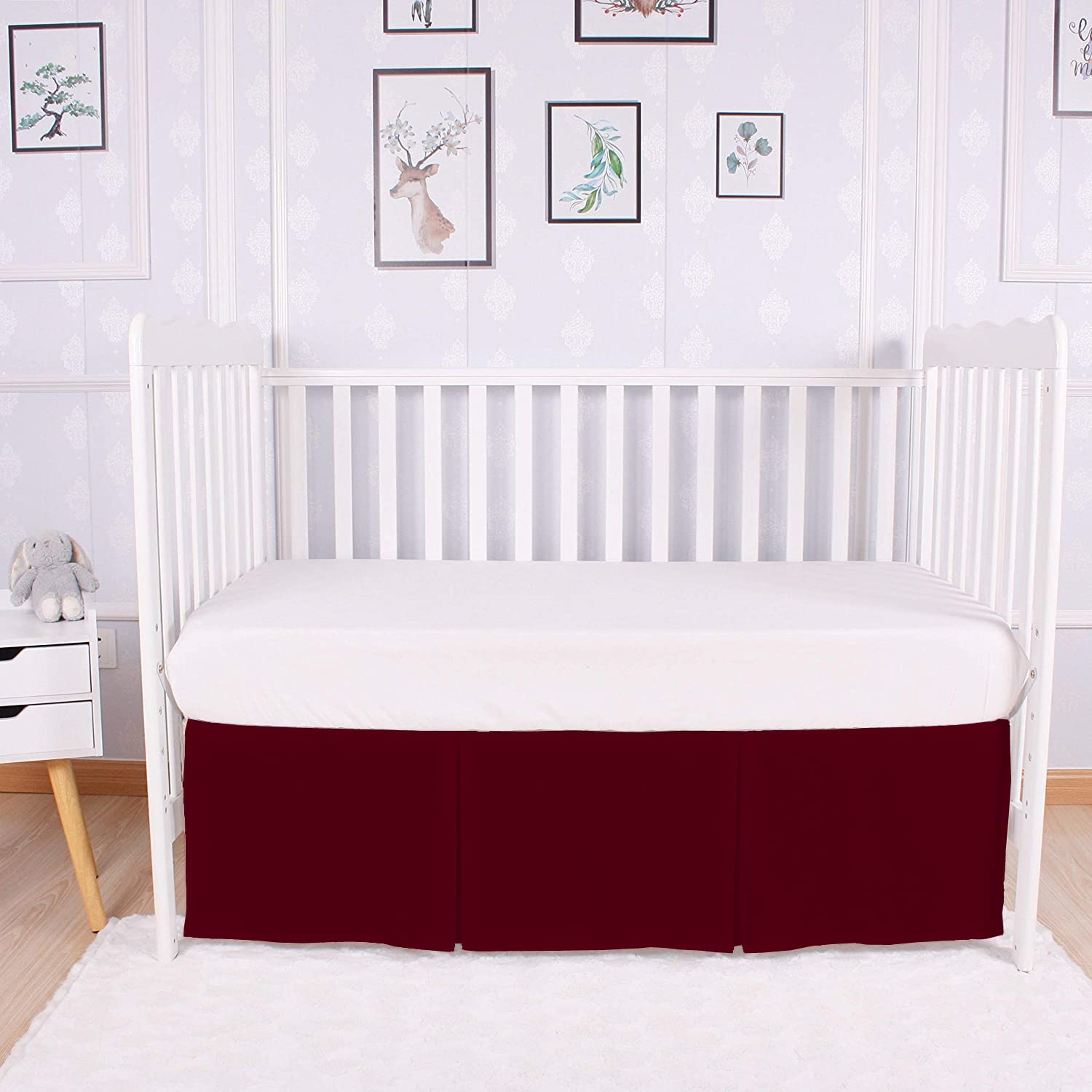 Box Pleated Mini Crib Bed Skirt Premium 100% Cotton 800 Thread Count Nursery Crib Toddler Bedding Crib Bedskirt for Baby Boys or Baby Girls, (24" x 38") + 10" Drop Lenght - Burgundy Solid