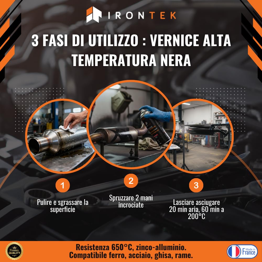 IRONTEK Vernice Alta Temperatura Spray Nero 400ml | IT202 | Resistente 650°C | Antiruggine | Marmitta Freni Motore