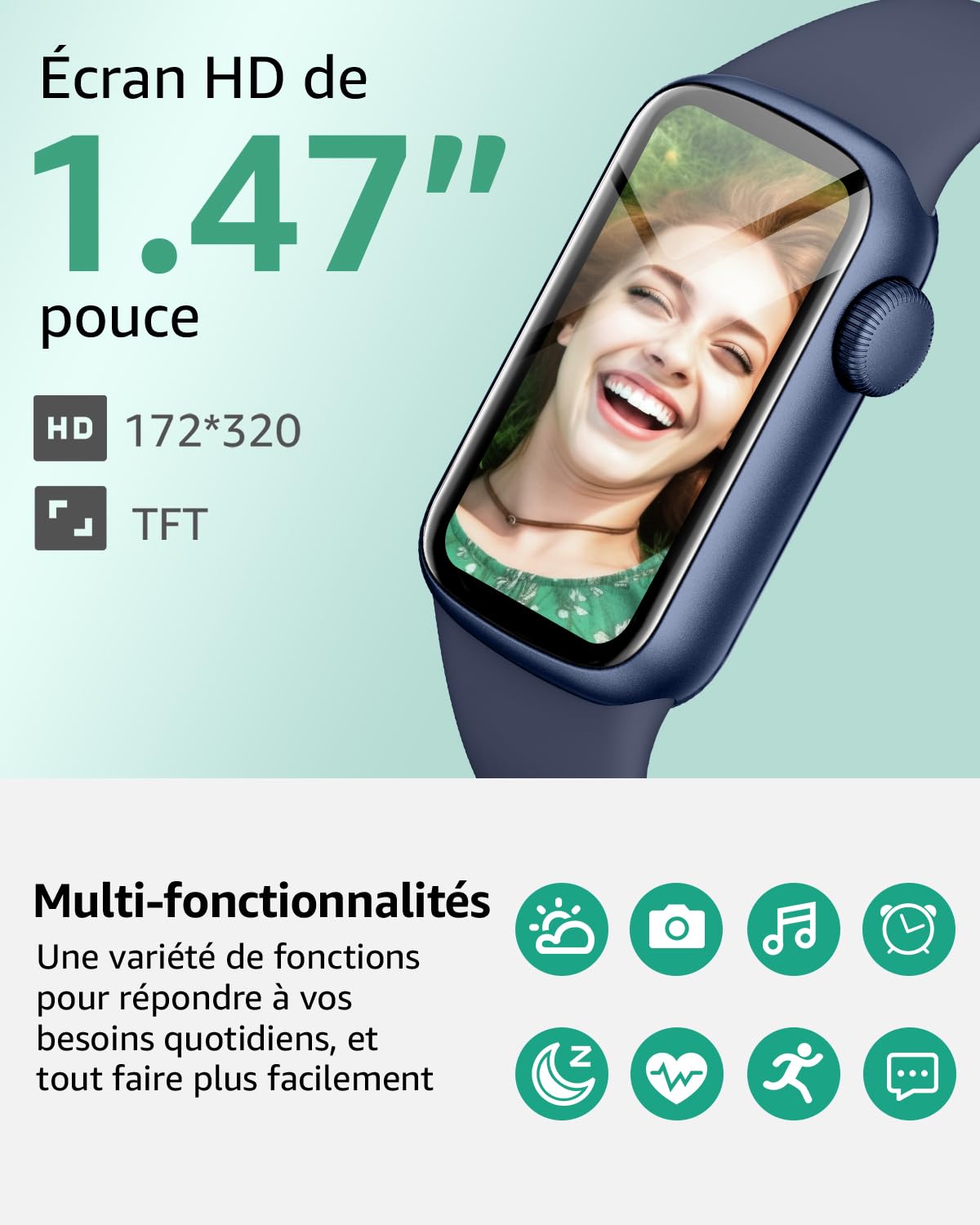 Montre Connectée Femme Homme, 1,47'' Smartwatch avec 137+ Modes Sportifs, Fitness Tracker avec Cardiofréquencemètre, Sommeil, Podomètre, IP68, Montre Intelligente pour Android iOS Blue