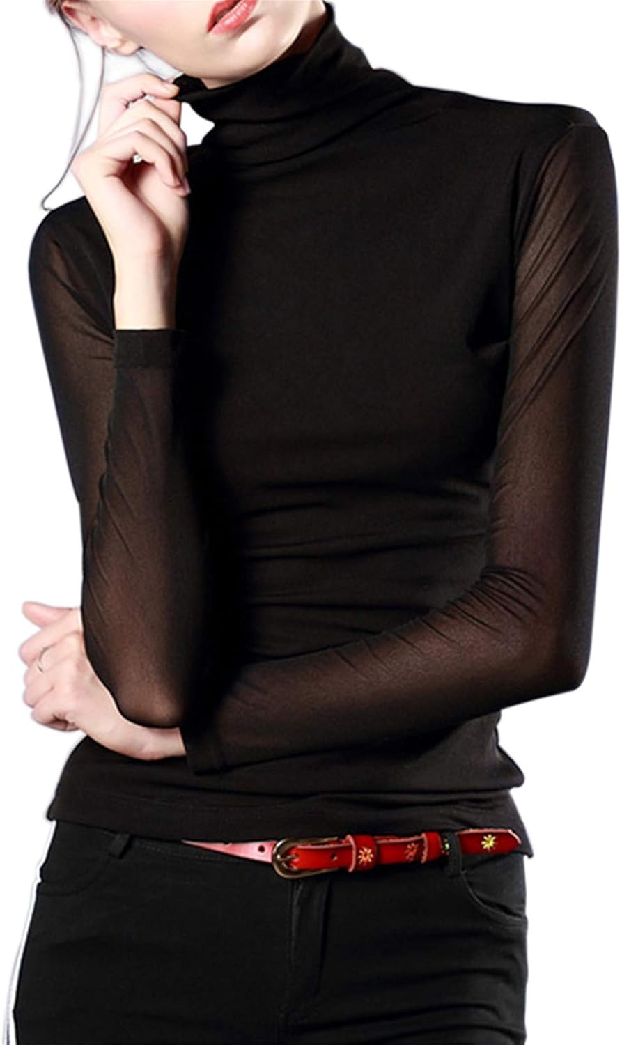 Women's Turtleneck Top Long Sleeve Slim Fit Shirts Mesh Sheer See Through Casual Top