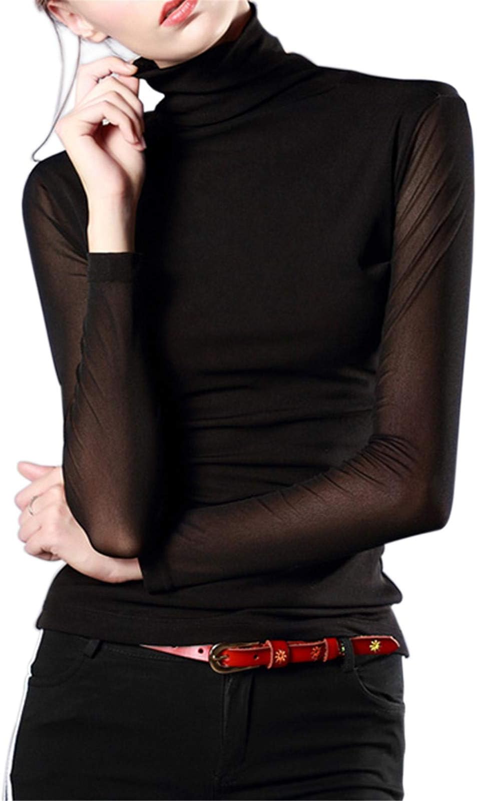 Women's Turtleneck Top Long Sleeve Slim Fit Shirts Mesh Sheer See Through Casual Top