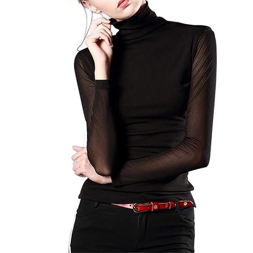 Women's Turtleneck Top Long Sleeve Slim Fit Shirts Mesh Sheer