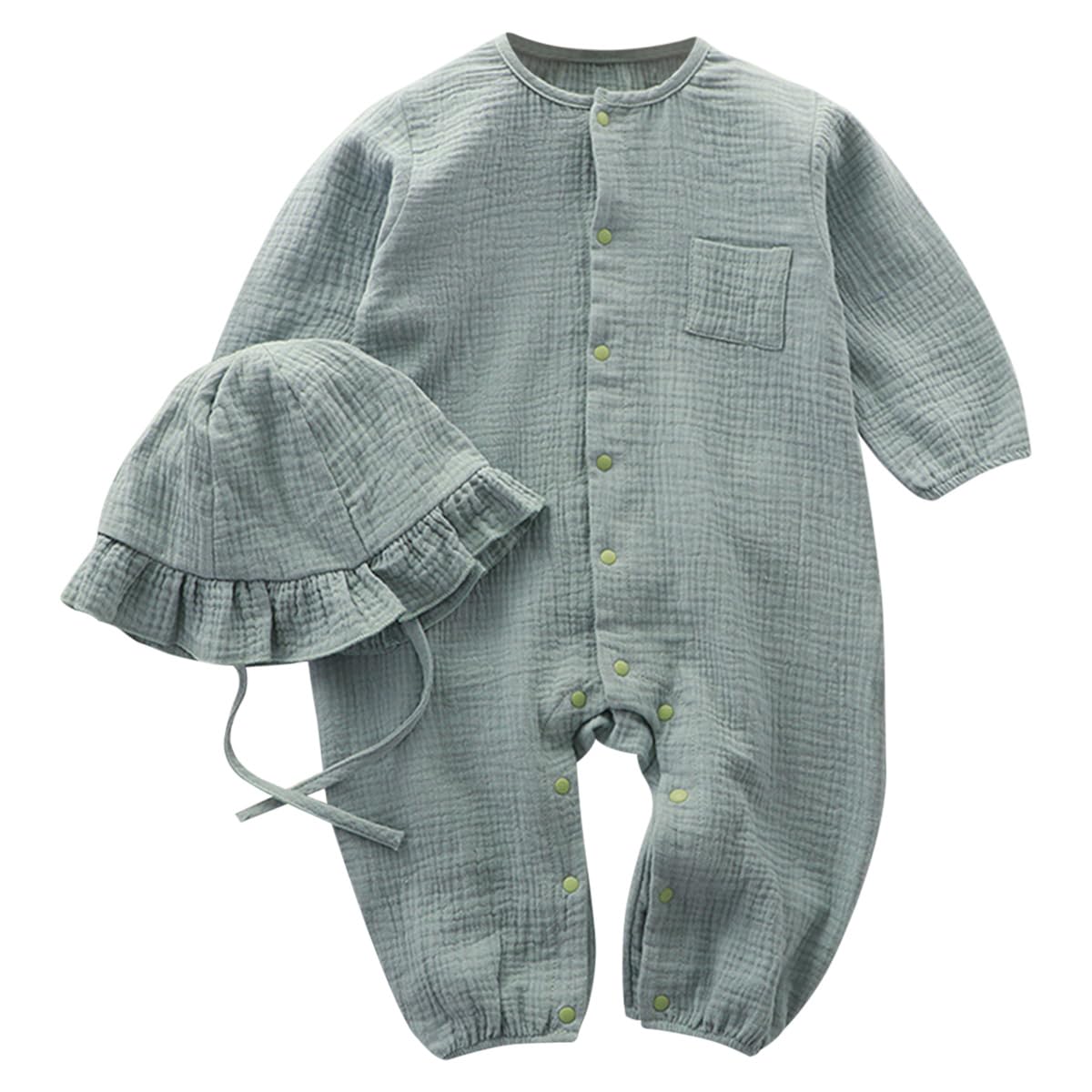 Neugeborenen Baby Jungen Mädchen Baumwolle Leinen Strampler Sommer Musselin Langarm Bodys Kleinkind Einteiliger Jumpsuit Overall mit Beanie Hut Baby Onesie Outfit 0-24 Monate