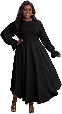 Womens Plus Size Church Maxi Dress with Bishop Sleeves and Pockets