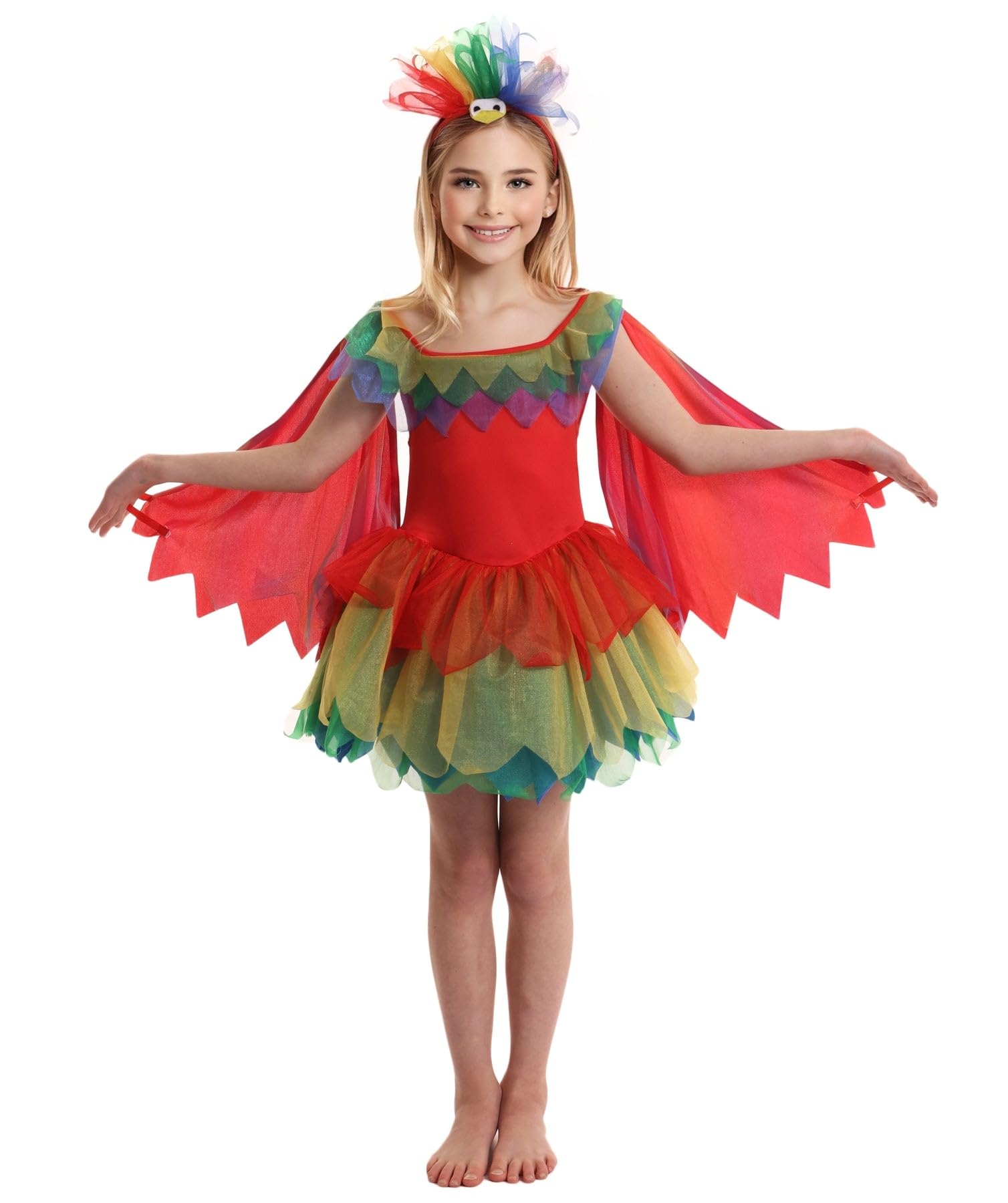 HPO Adorable Multicolor Parrot Dress for Girls Headband & Wings | Suitable for Halloween | Synthetic Fabric - (5 Years to 6 Years)