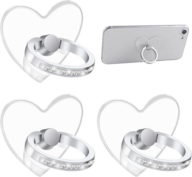 TIESOME Finger Kickstand Cell Phone Ring Holder, 3 Pcs Finger Ring Grip Stands 360° Rotation 180° Phone Ring Stand with Diamond Compatabile with Smartphones(Heart Shape)