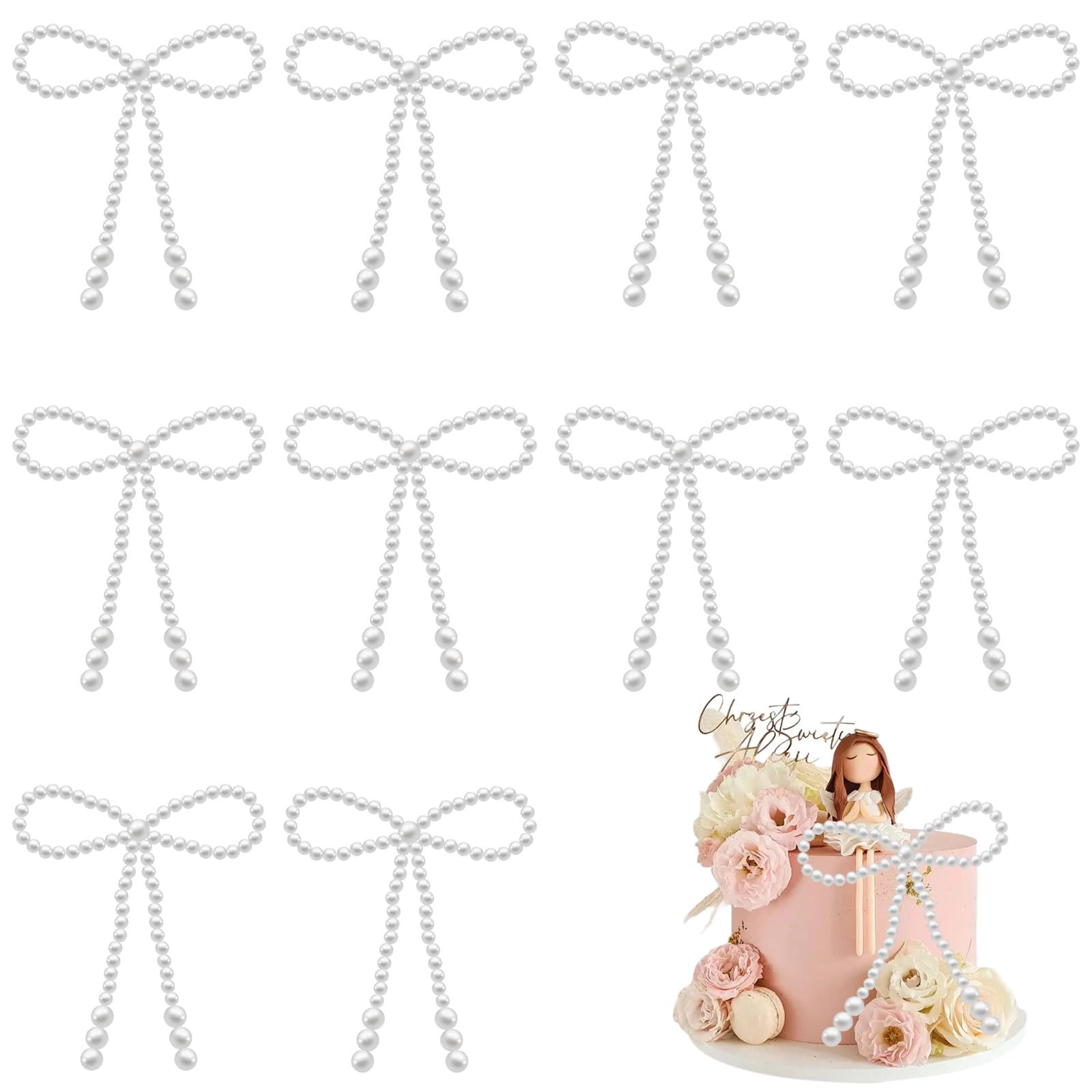 10 Pcs Pearl Bow Cake Toppers, 4.3x3.9 Inches White Pearl Beaded Cake Decorations, Large and Small Pearls, Elegant Cupcake Toppers for Weddings, Birthday, Valentines Day and Baby Shower Party Supplies
