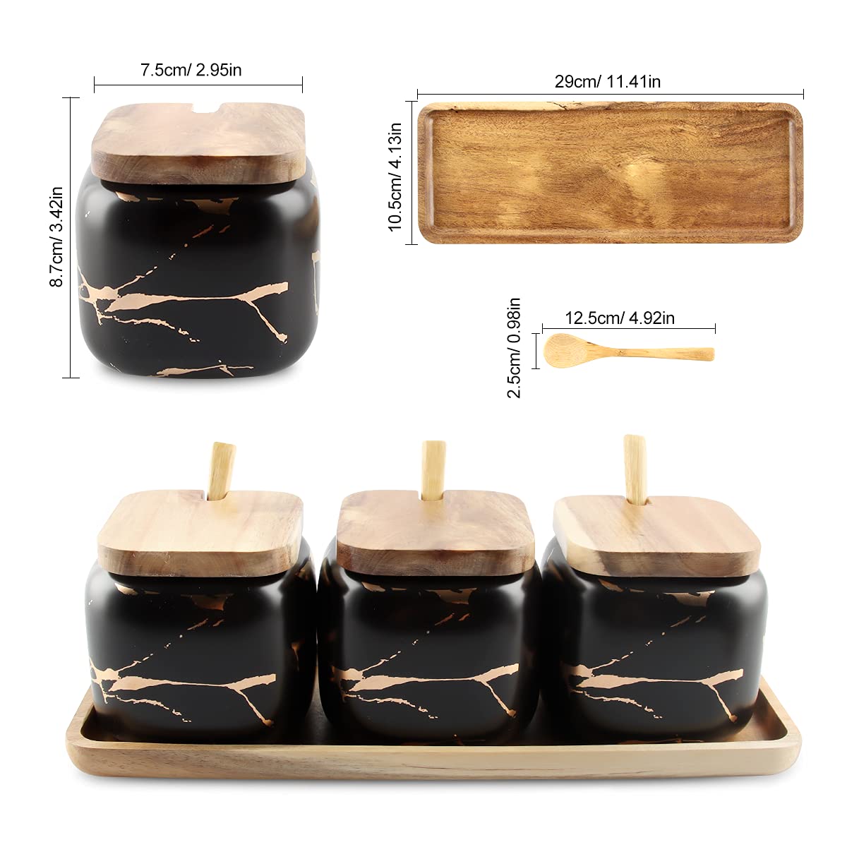 Set de 3 Pots à Épices En Céramique, Boîtes en Céramique Spice Container, Aspect Marbre - Pot à Épices Avec Couvercle En Bois Véritable Et Cuillère en Bambou et Plateau en Bois (noir)