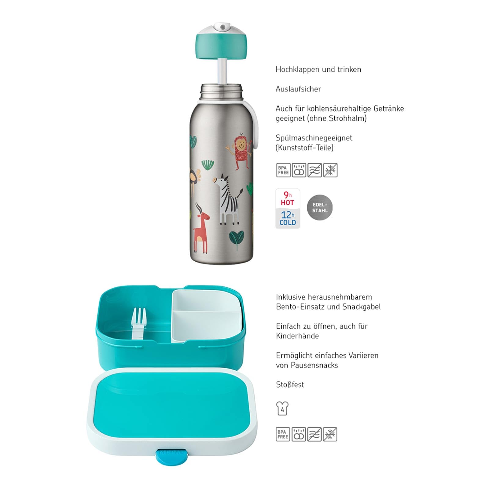 Mepal Thermo-Lunchset Flip-Up Campus | Isolierte Edelstahl Trinkflasche für Kinder | 9 Stunden heiß & 12 Stunden kalt | Bento-Brotdose mit Einsatz & Gabel | Dino